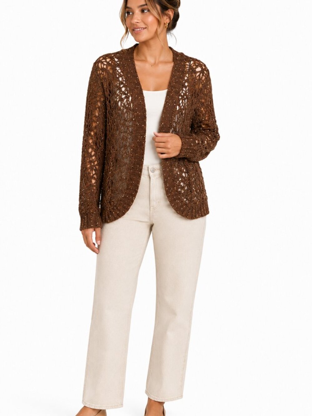 Embellished Elegance Sequin Open Knit Cardigan Brown S/M